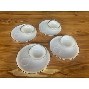 8-PC Vintage Fire King Milk Glass Snack Plates & Bowls Gold Trim Ovenware USA